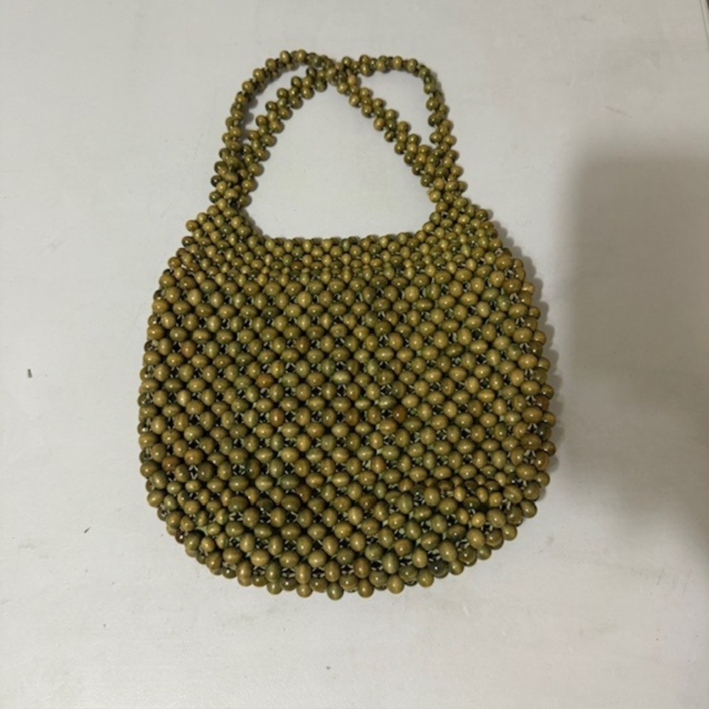 Vintage Walborg Beaded Handbag Olive Green Wood Bead Japan Retro Boho Tote Bag